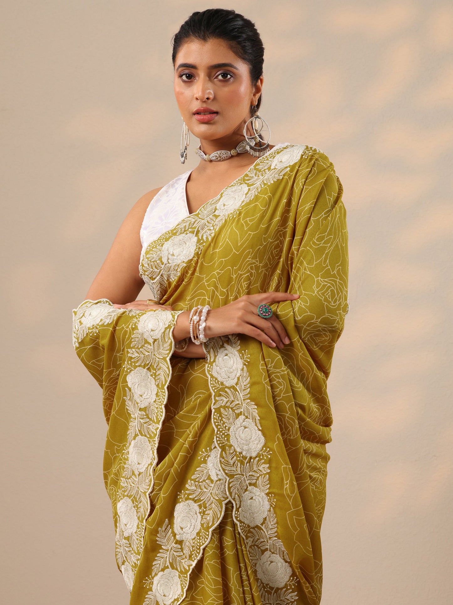 Mustard Printed Georgette Sarees With Unstitched Blouse Piece