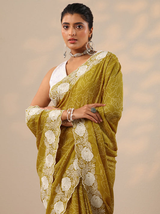 Mustard Printed Georgette Sarees With Unstitched Blouse Piece