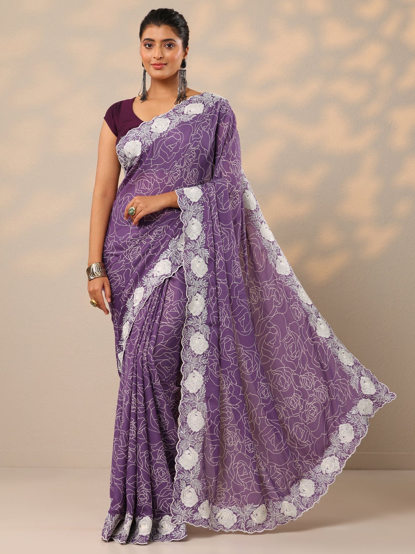 Purple Printed Georgette Sarees With Unstitched Blouse Piece