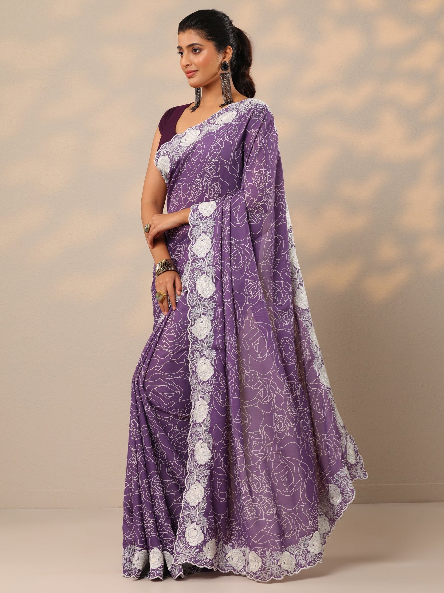Purple Printed Georgette Sarees With Unstitched Blouse Piece