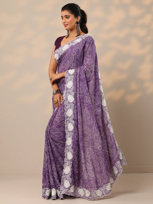 Purple Printed Georgette Sarees With Unstitched Blouse Piece