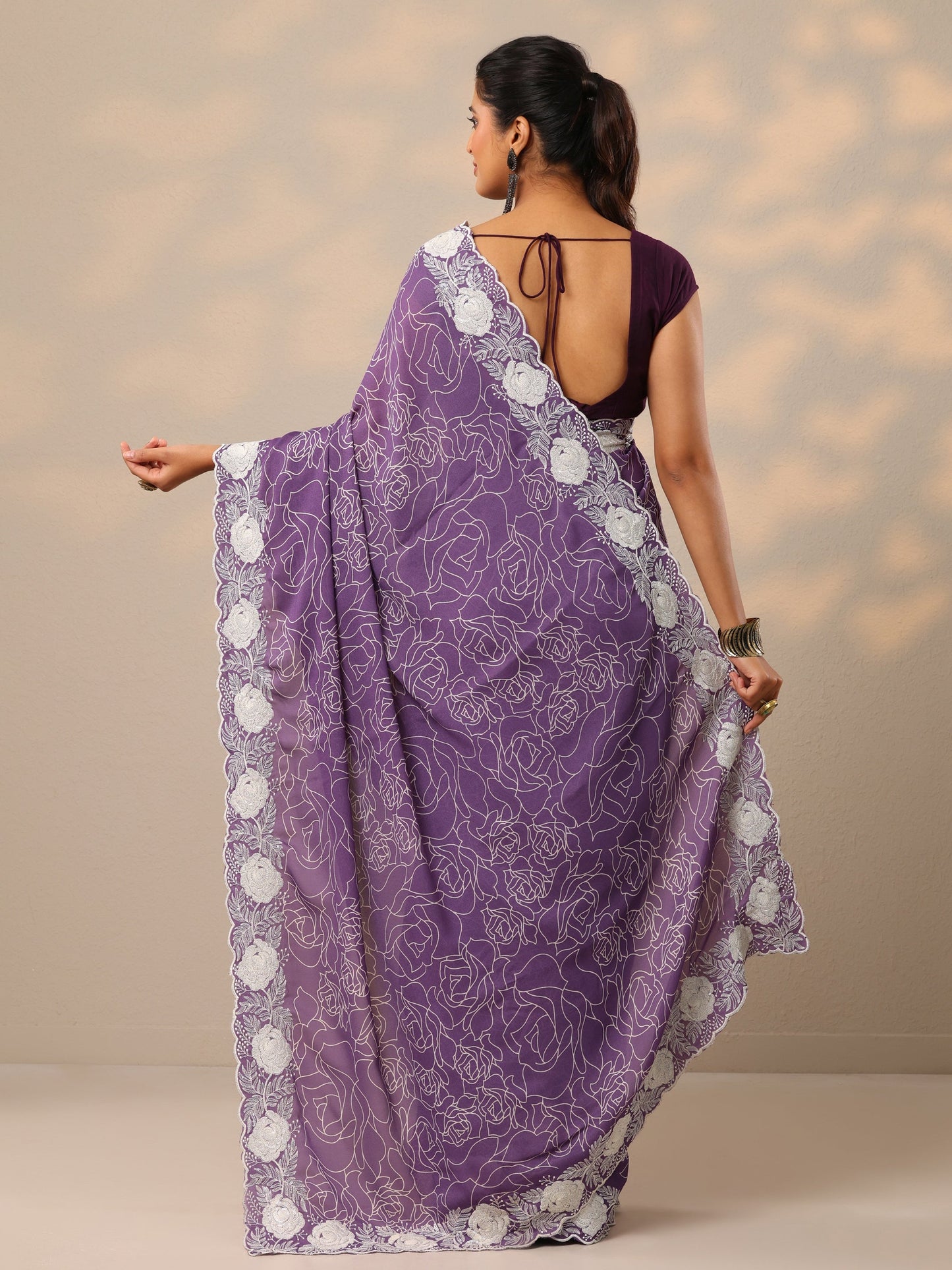 Purple Printed Georgette Sarees With Unstitched Blouse Piece