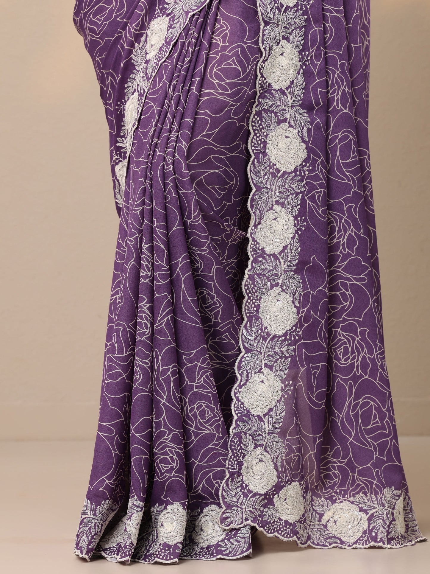 Purple Printed Georgette Sarees With Unstitched Blouse Piece