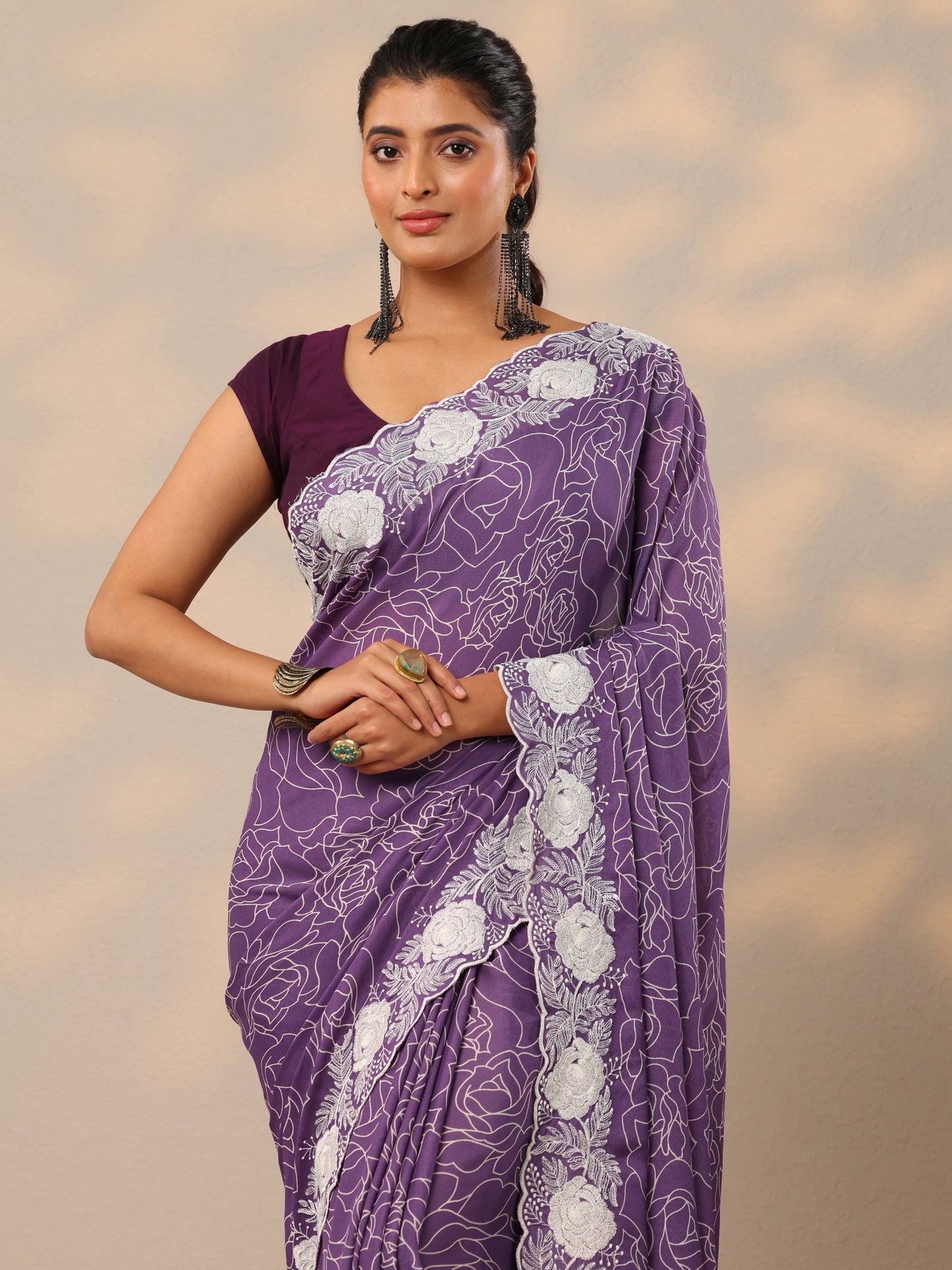 Purple Printed Georgette Sarees With Unstitched Blouse Piece