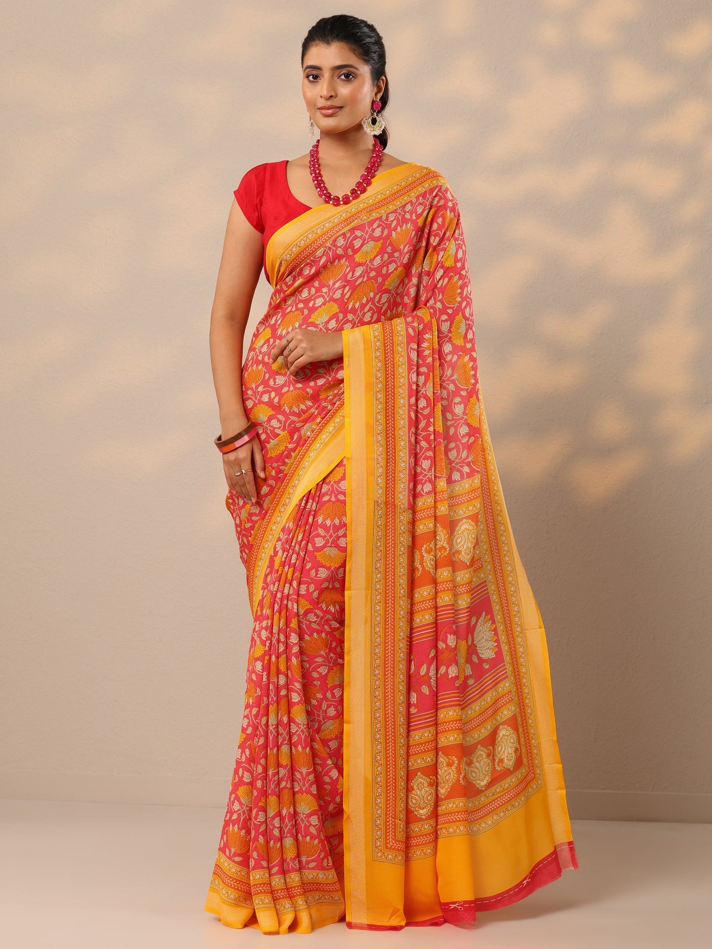 Coral Printed Georgette Sarees With Unstitched Blouse Piece