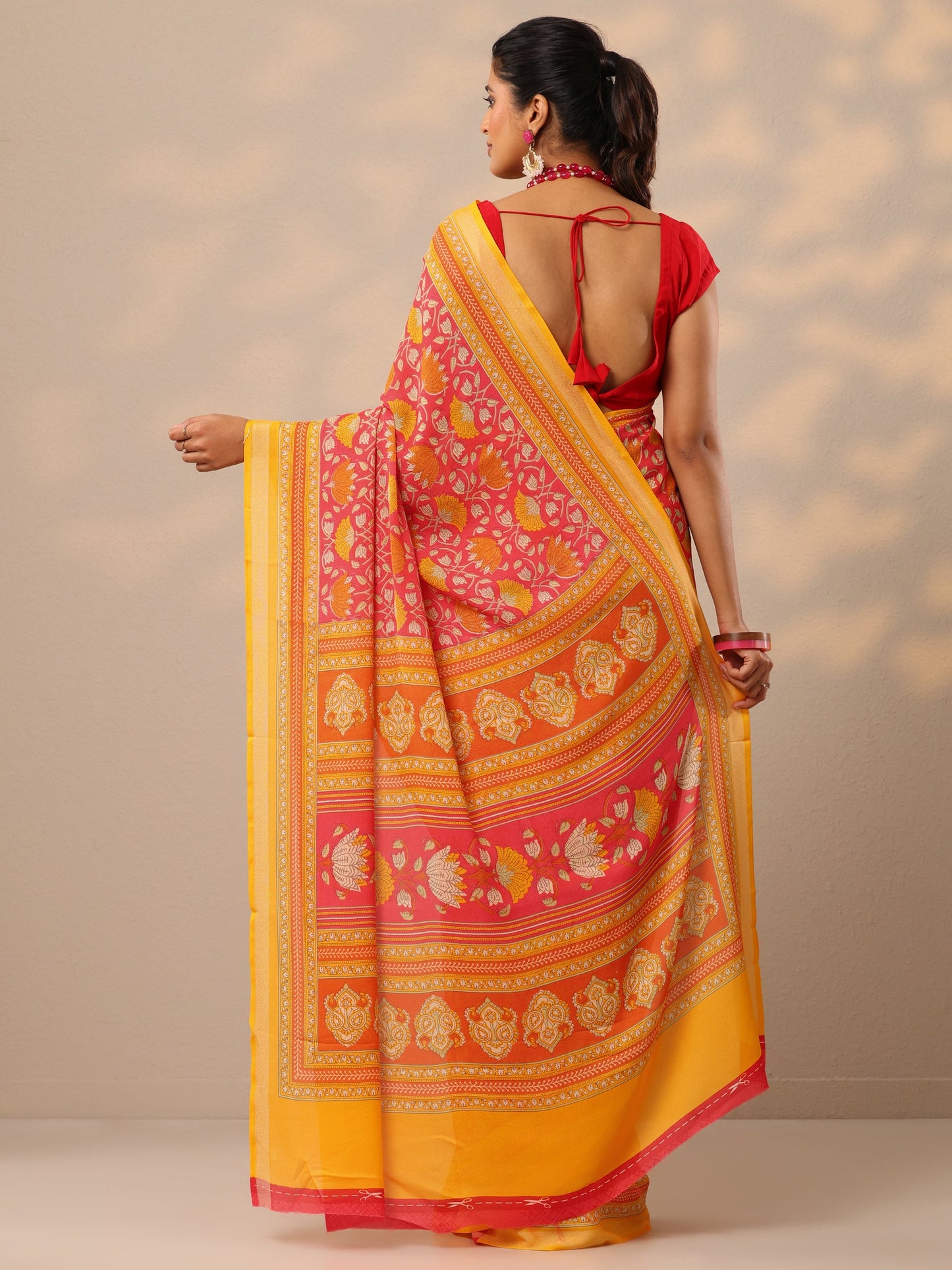 Coral Printed Georgette Sarees With Unstitched Blouse Piece
