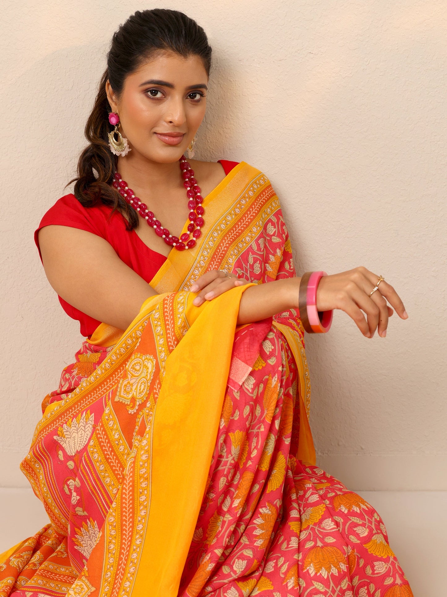 Coral Printed Georgette Sarees With Unstitched Blouse Piece