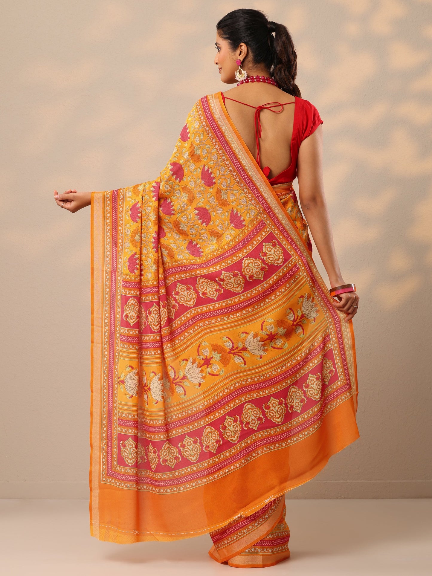 Mustard Printed Georgette Sarees With Unstitched Blouse Piece