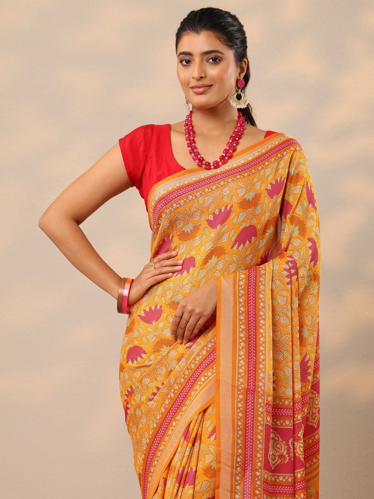 Mustard Printed Georgette Sarees With Unstitched Blouse Piece