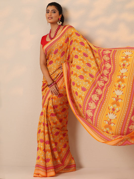 Mustard Printed Georgette Sarees With Unstitched Blouse Piece