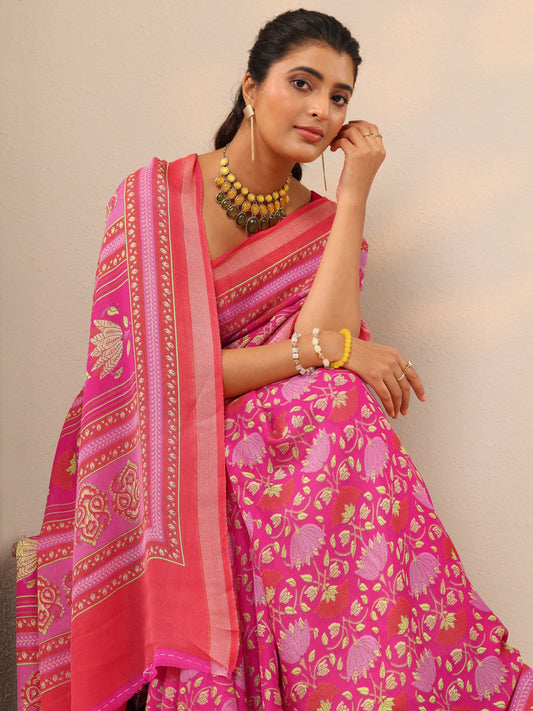 Pink Printed Georgette Sarees With Unstitched Blouse Piece