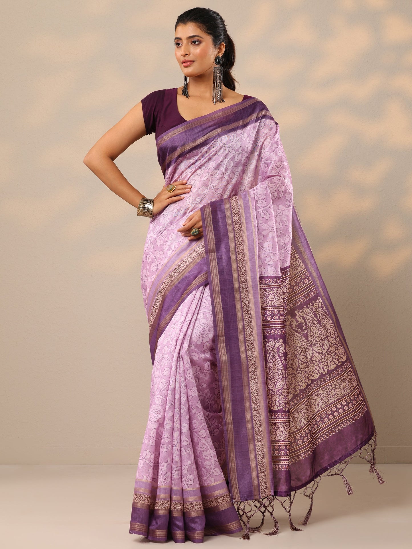 Lavender Printed Silk Blend Sarees With Unstitched Blouse Piece