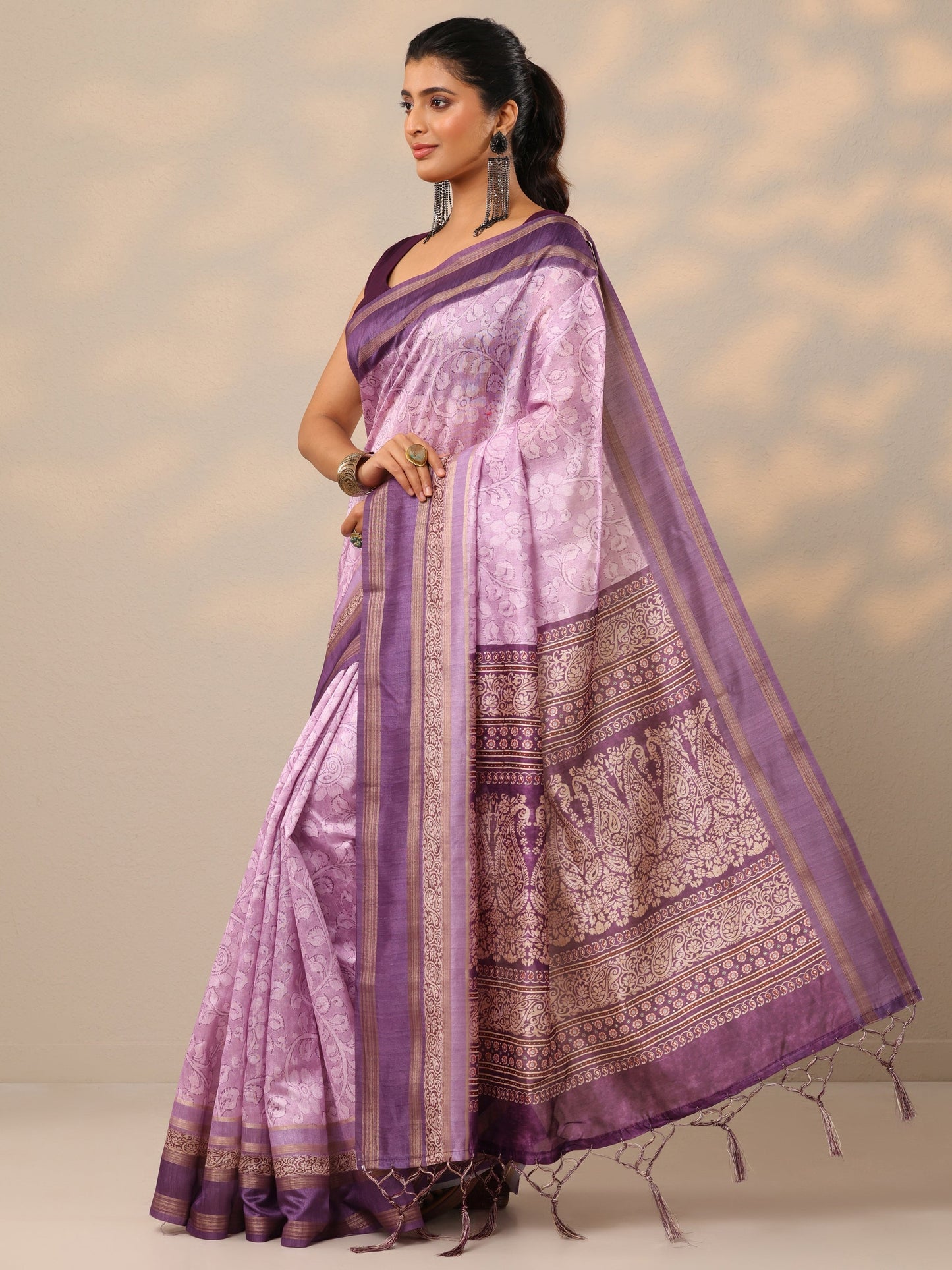 Lavender Printed Silk Blend Sarees With Unstitched Blouse Piece