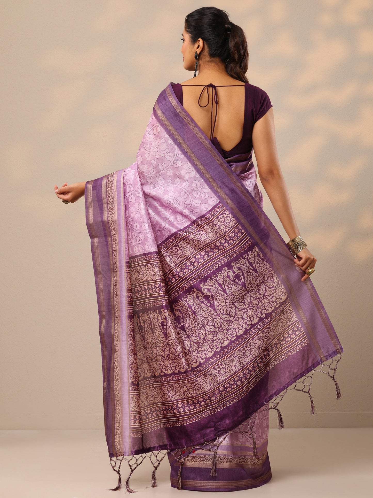 Lavender Printed Silk Blend Sarees With Unstitched Blouse Piece