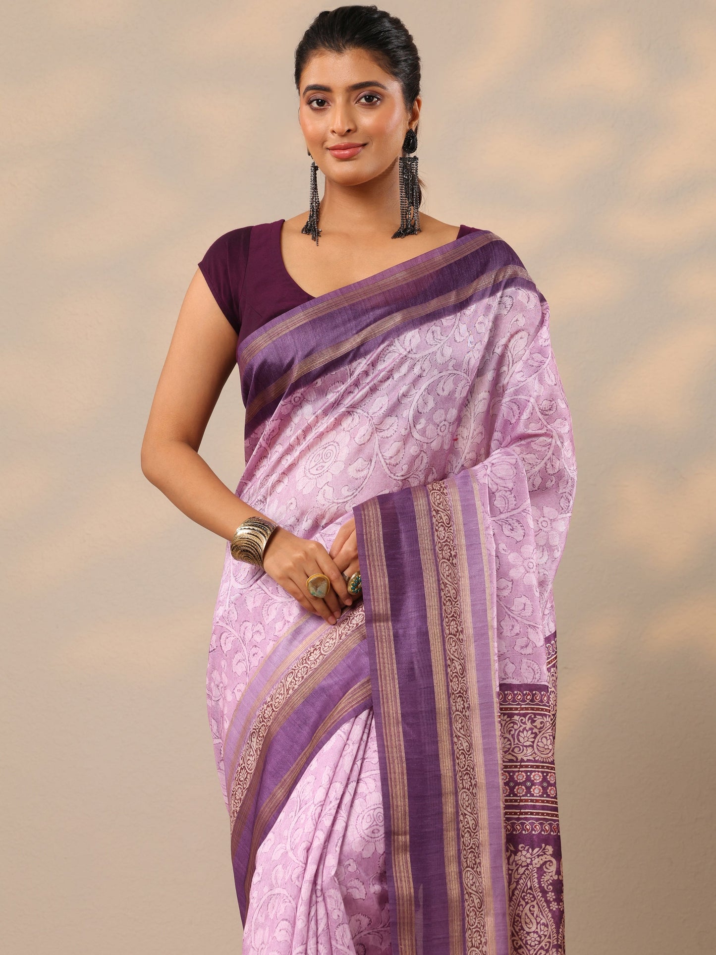 Lavender Printed Silk Blend Sarees With Unstitched Blouse Piece
