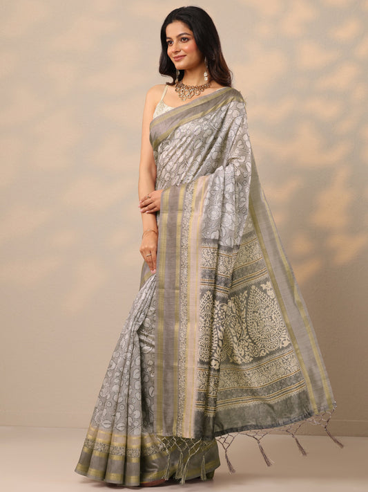 Grey Printed Silk Blend Sarees With Unstitched Blouse Piece