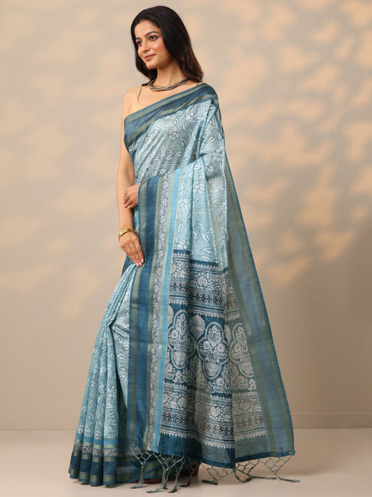 Blue Printed Silk Blend Sarees With Unstitched Blouse Piece