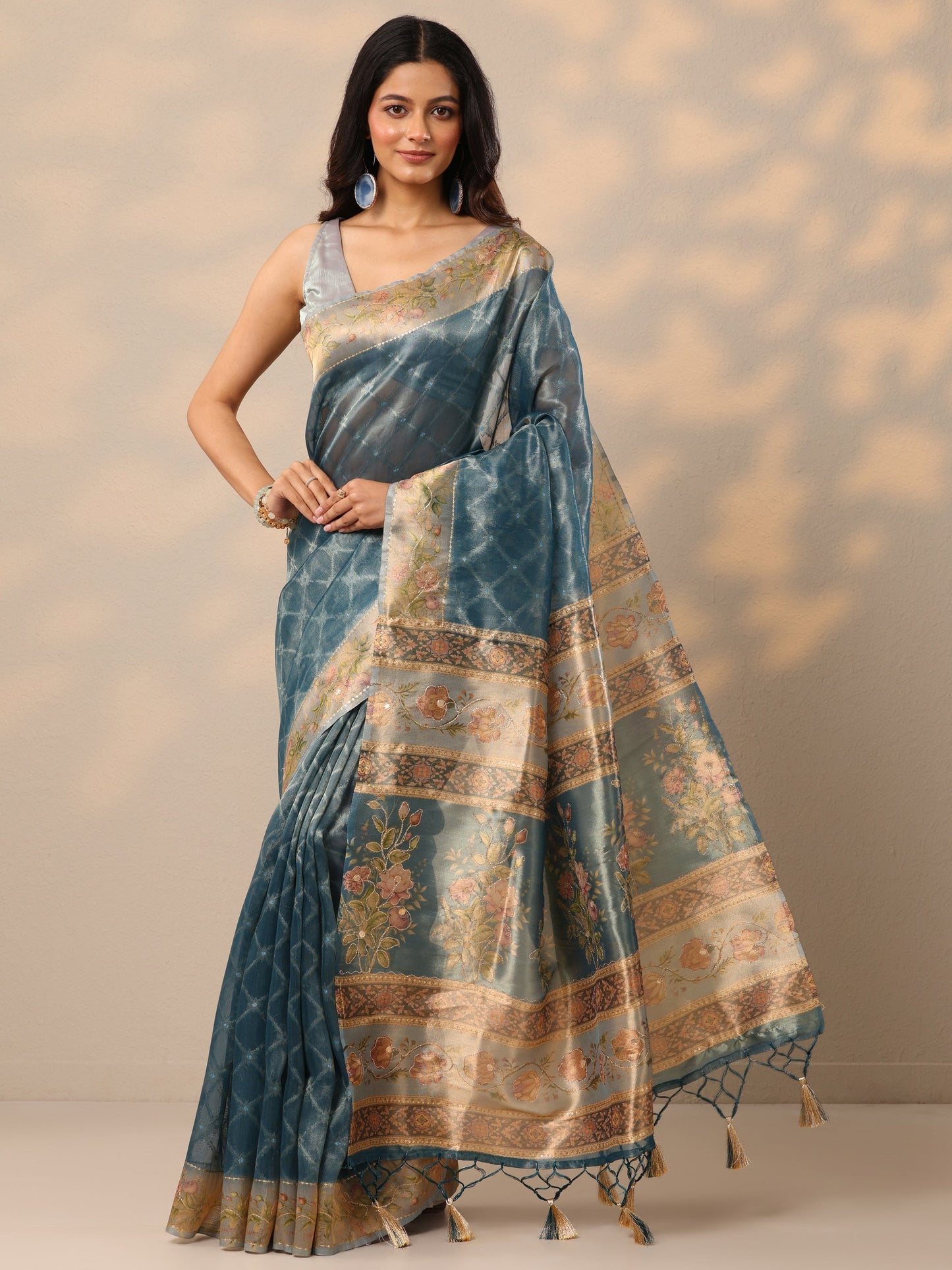 Blue Printed Nylon Sarees With Unstitched Blouse Piece