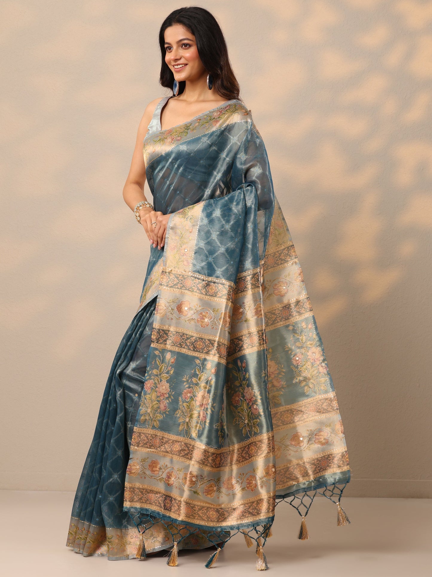 Blue Printed Nylon Sarees With Unstitched Blouse Piece