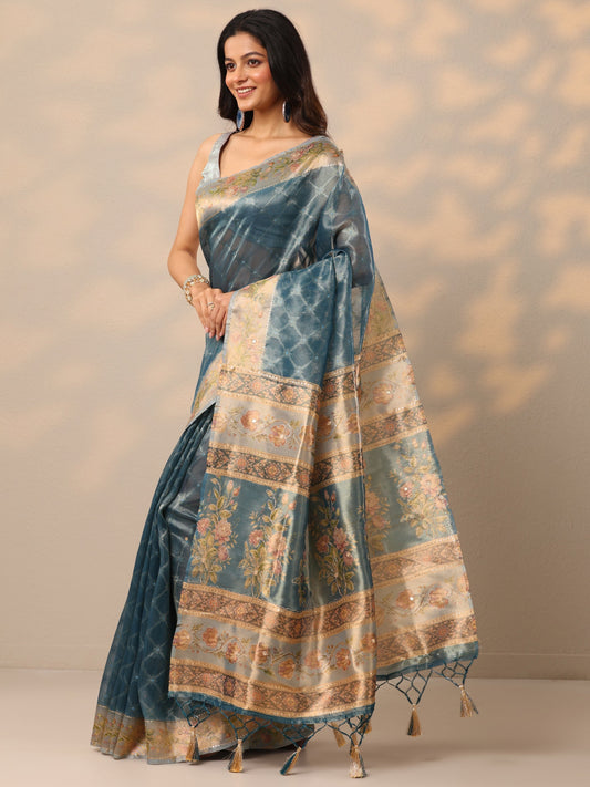 Blue Printed Nylon Sarees With Unstitched Blouse Piece
