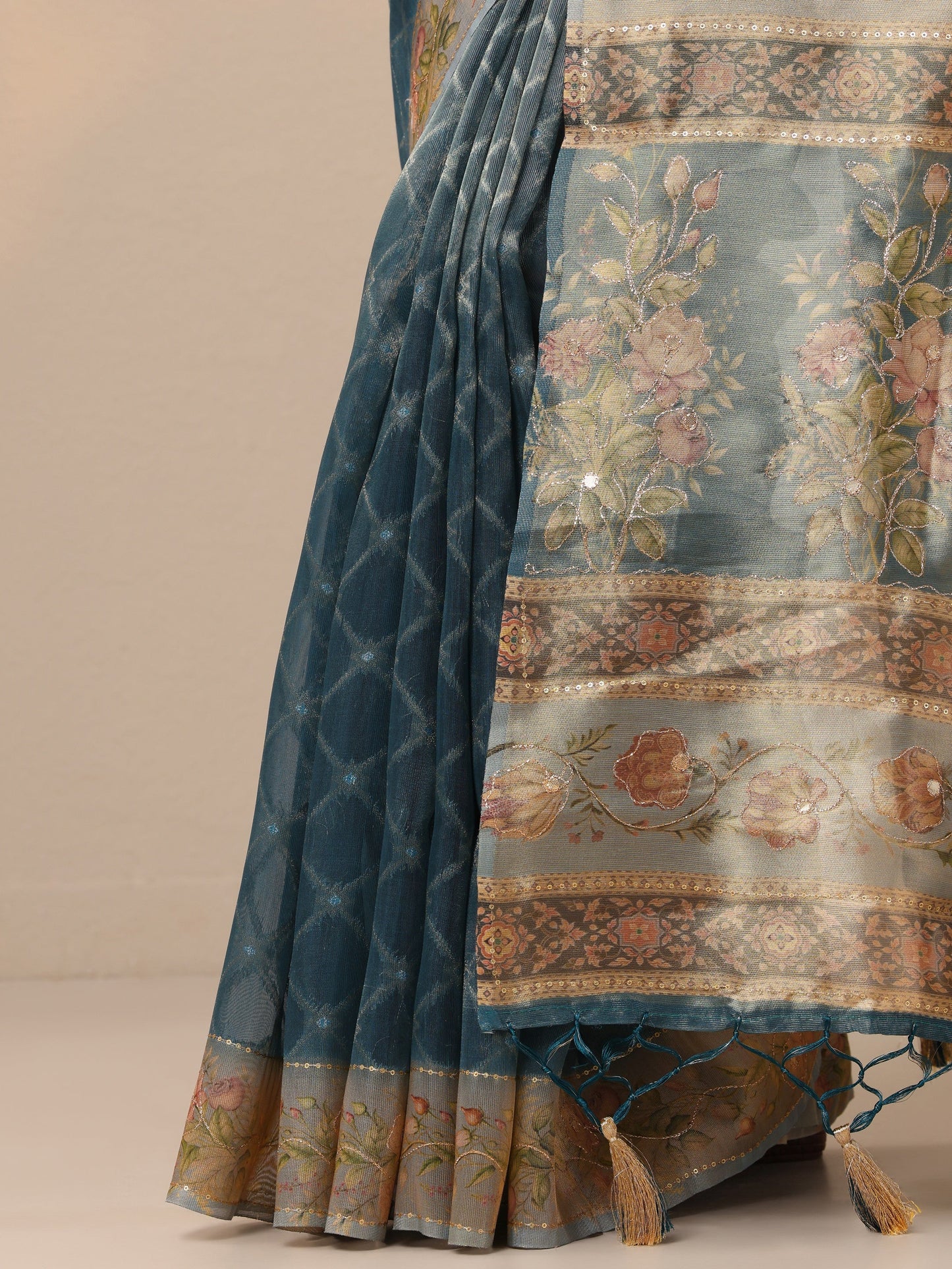 Blue Printed Nylon Sarees With Unstitched Blouse Piece