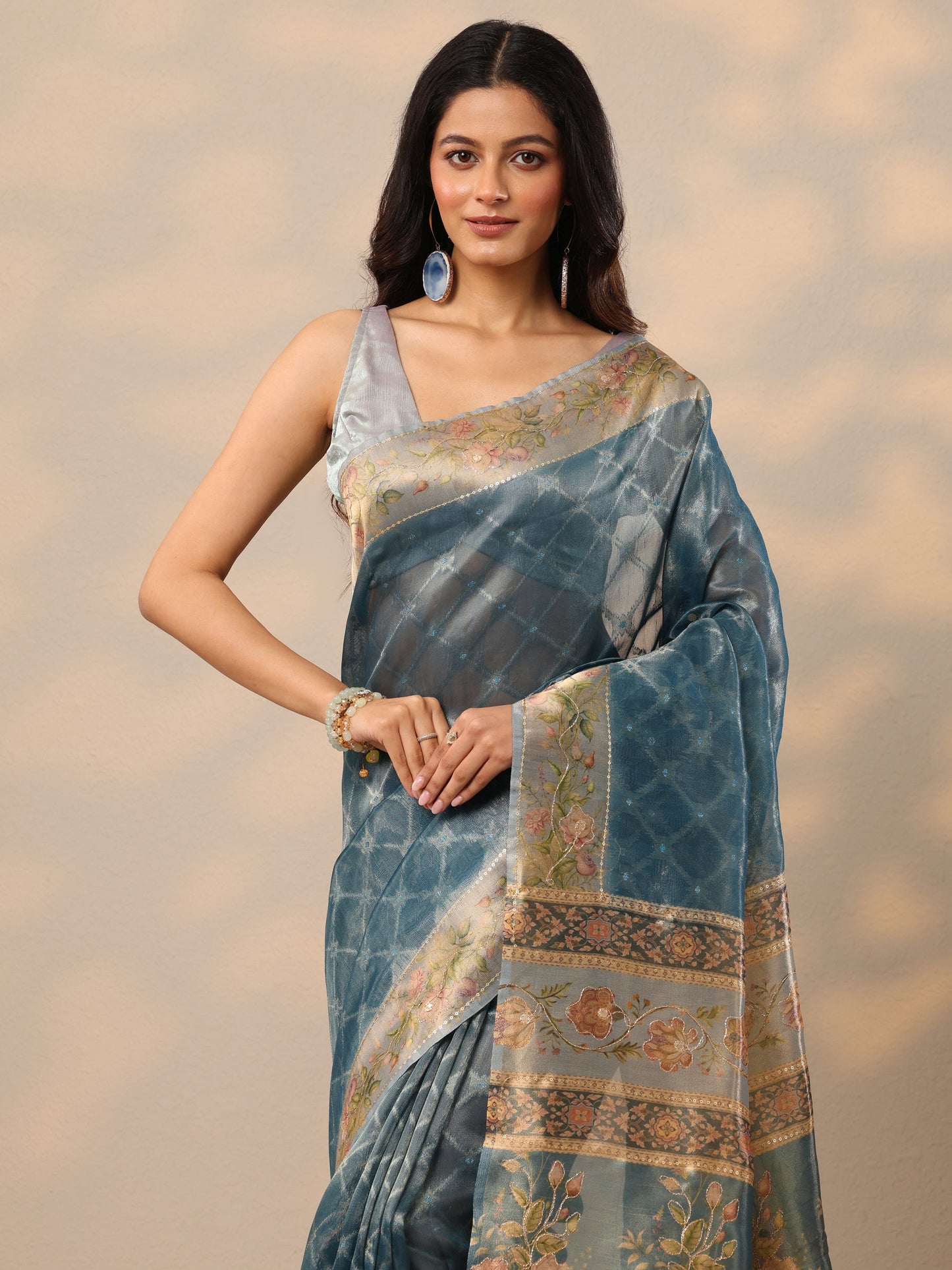 Blue Printed Nylon Sarees With Unstitched Blouse Piece