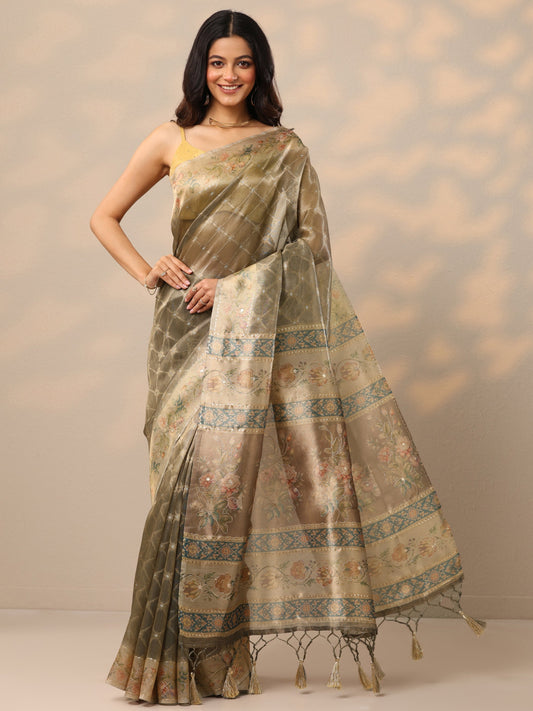 Tan Printed Nylon Sarees With Unstitched Blouse Piece