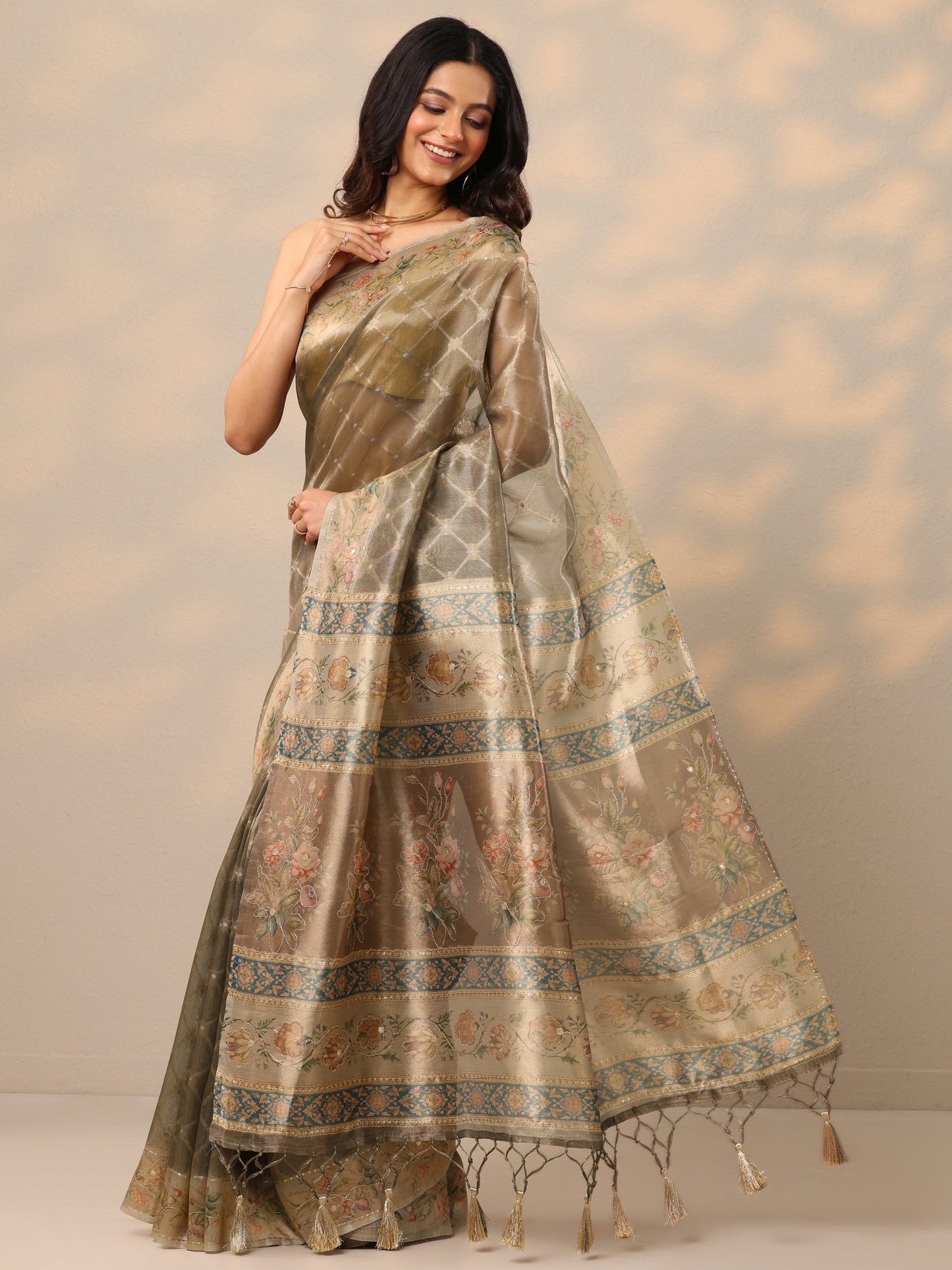 Tan Printed Nylon Sarees With Unstitched Blouse Piece