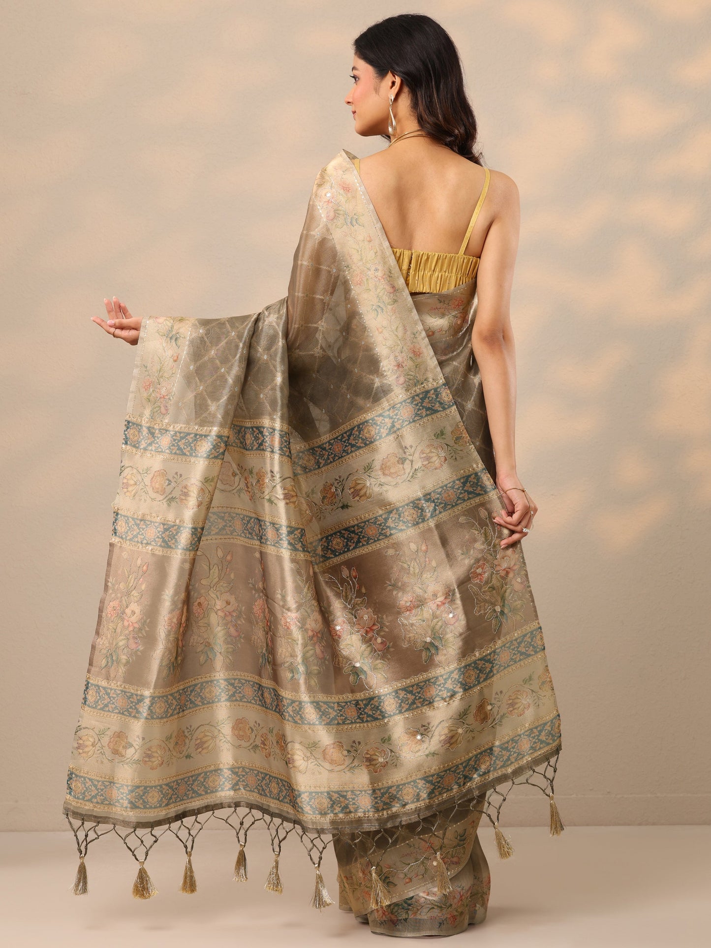Tan Printed Nylon Sarees With Unstitched Blouse Piece