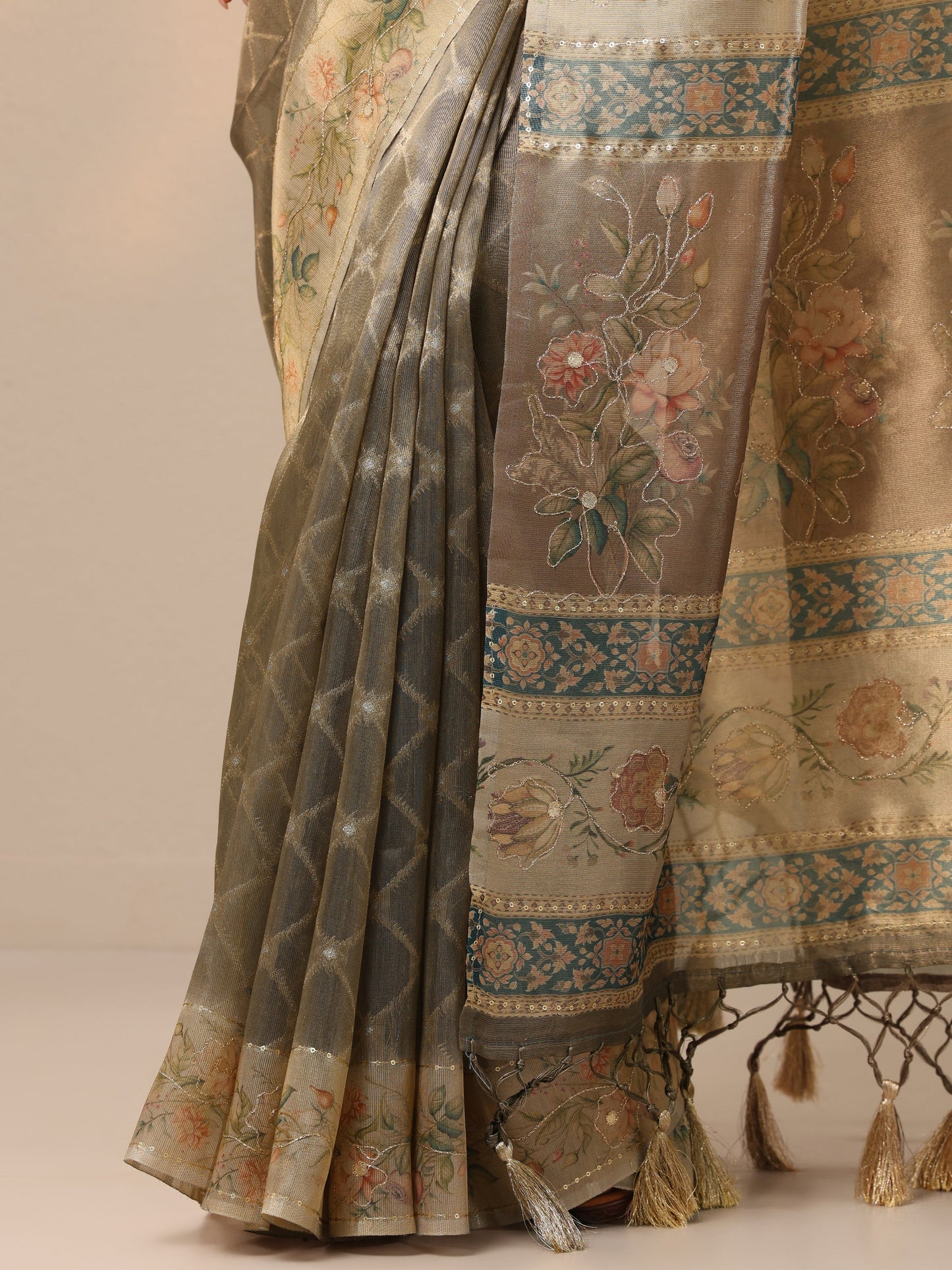 Tan Printed Nylon Sarees With Unstitched Blouse Piece