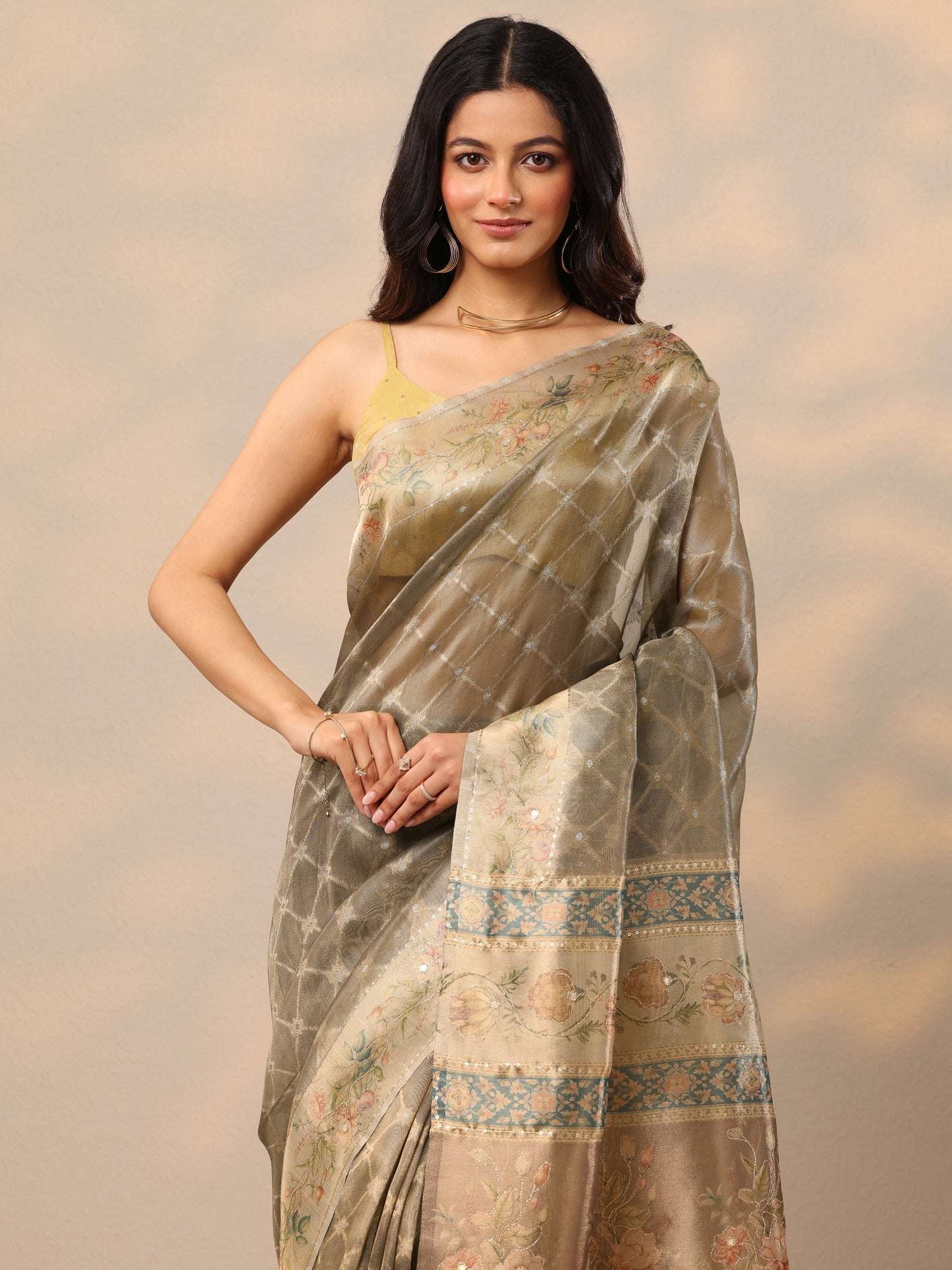 Tan Printed Nylon Sarees With Unstitched Blouse Piece