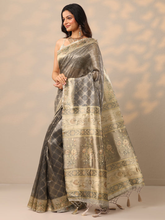 Grey Printed Nylon Sarees With Unstitched Blouse Piece