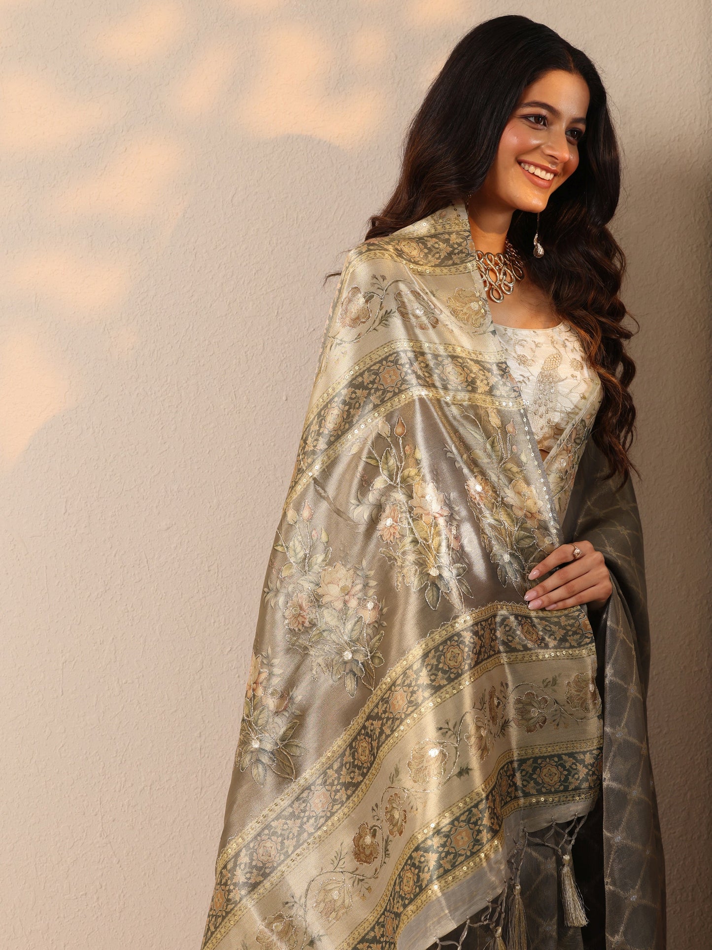 Grey Printed Nylon Sarees With Unstitched Blouse Piece