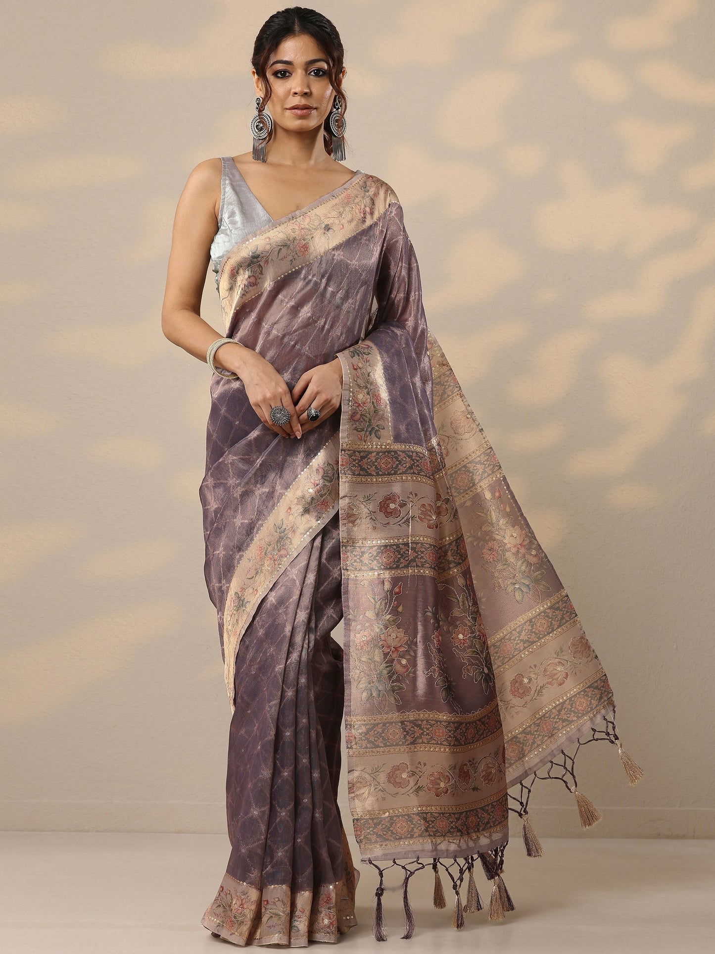 Purple Printed Nylon Sarees With Unstitched Blouse Piece