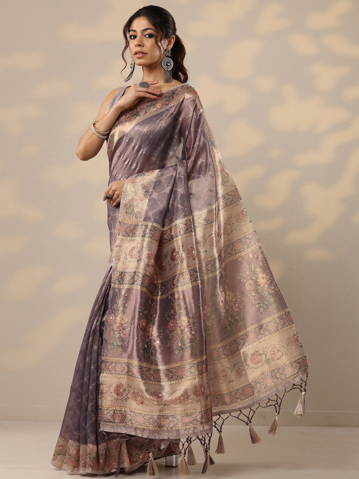 Purple Printed Nylon Sarees With Unstitched Blouse Piece