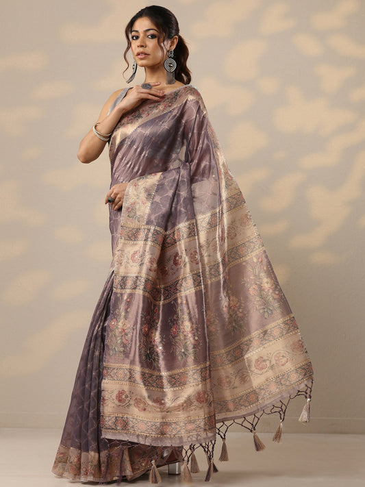 Purple Printed Nylon Sarees With Unstitched Blouse Piece