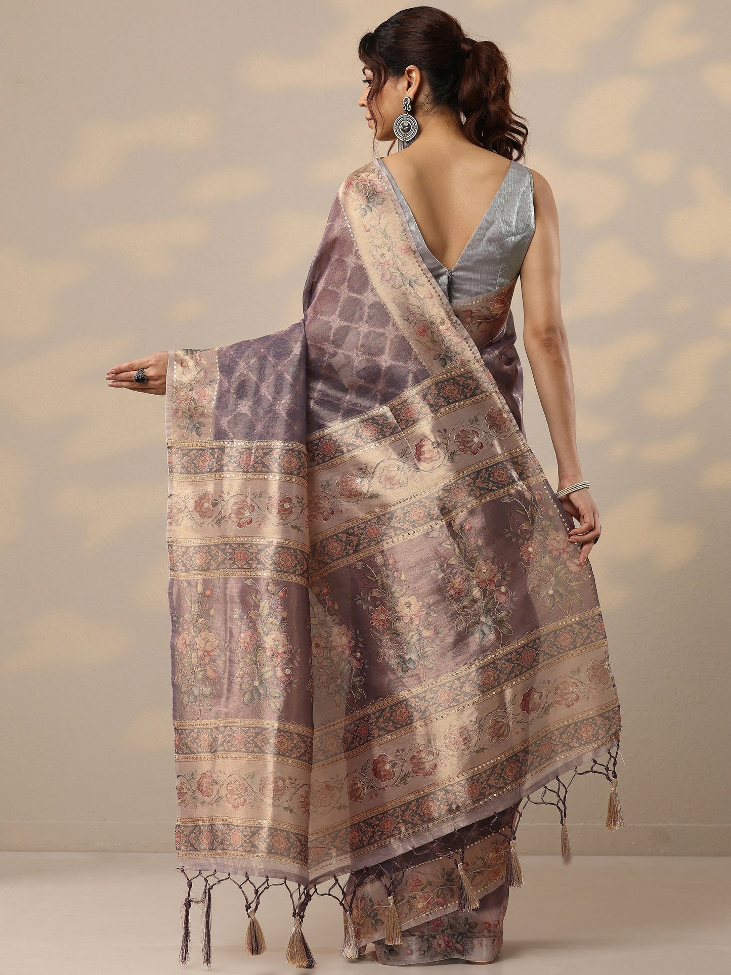 Purple Printed Nylon Sarees With Unstitched Blouse Piece