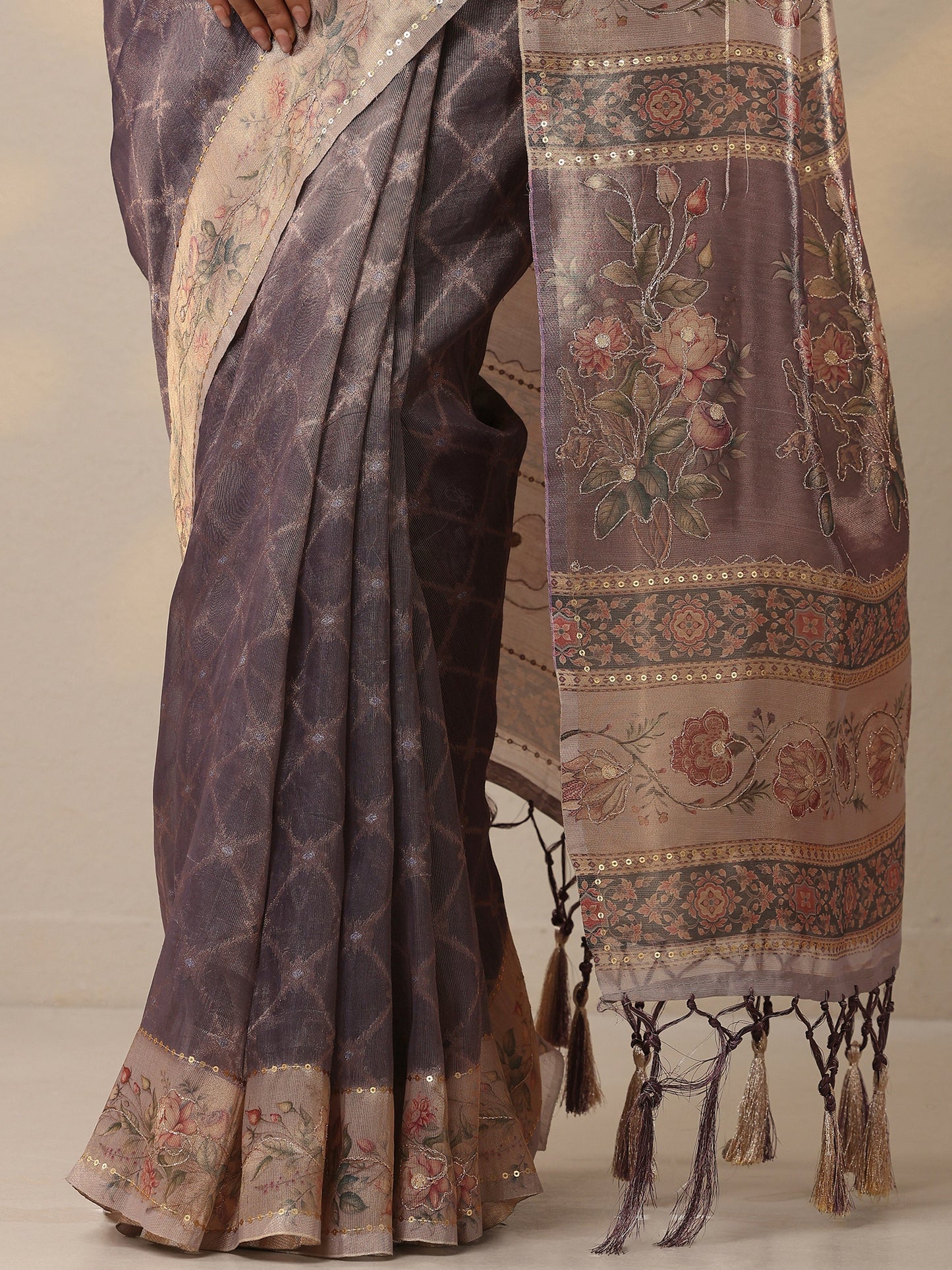 Purple Printed Nylon Sarees With Unstitched Blouse Piece