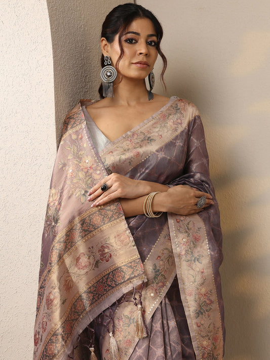 Purple Printed Nylon Sarees With Unstitched Blouse Piece