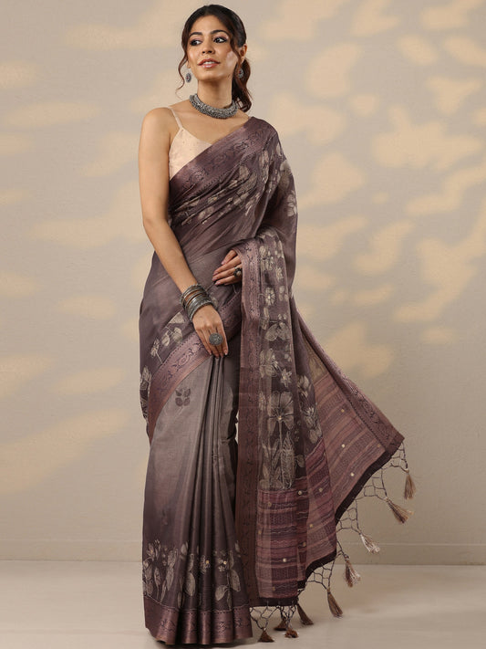 Mauve Printed Silk Blend Sarees With Unstitched Blouse Piece
