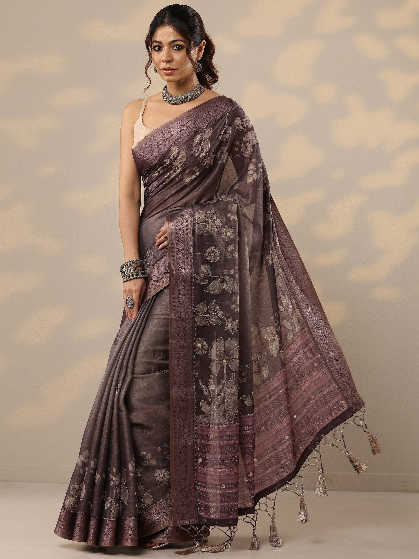Mauve Printed Silk Blend Sarees With Unstitched Blouse Piece