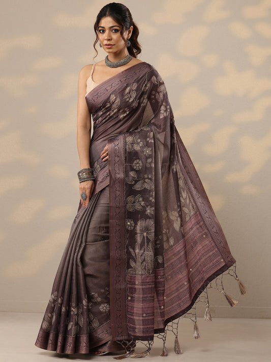 Mauve Printed Silk Blend Sarees With Unstitched Blouse Piece
