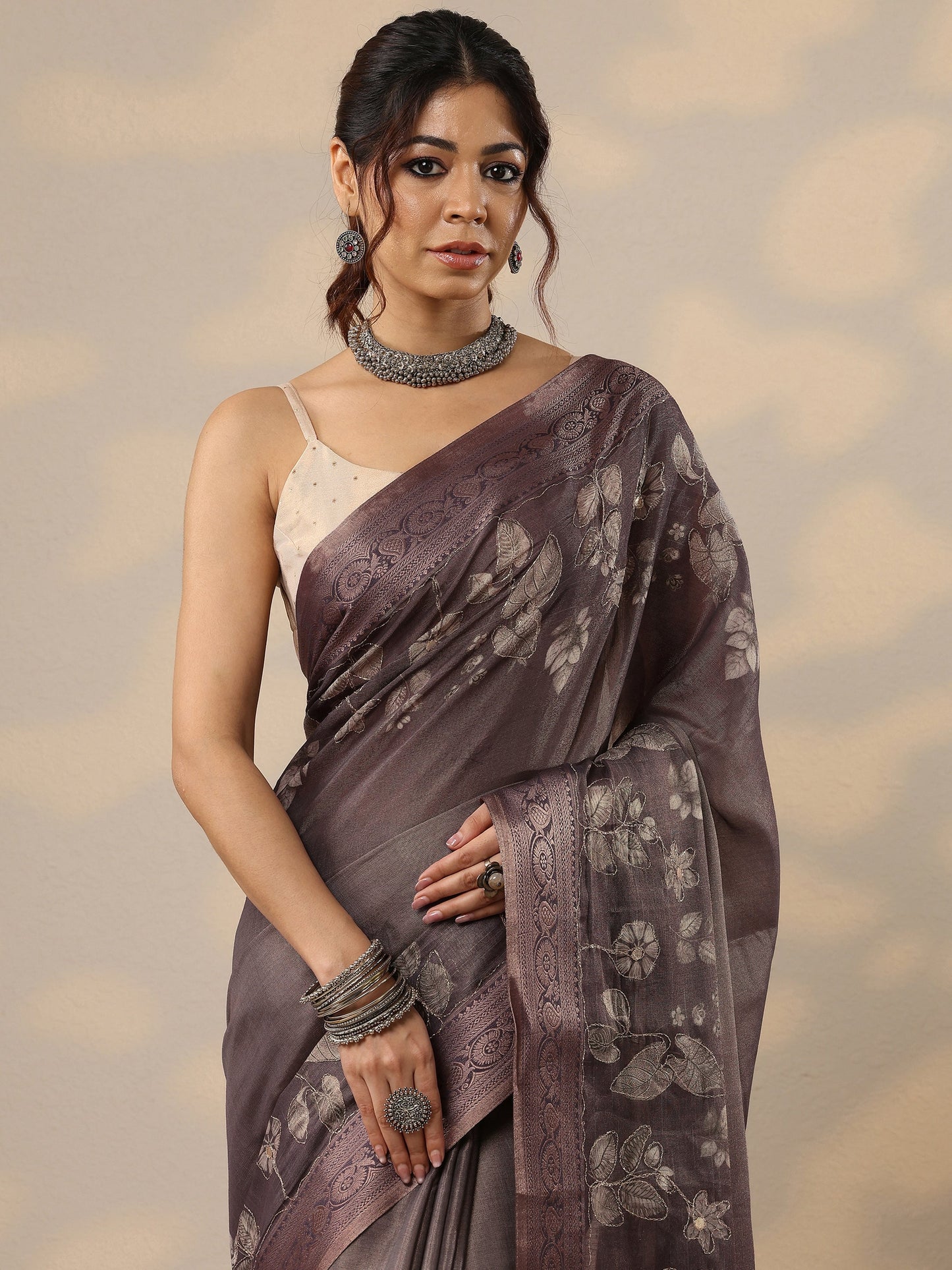 Mauve Printed Silk Blend Sarees With Unstitched Blouse Piece