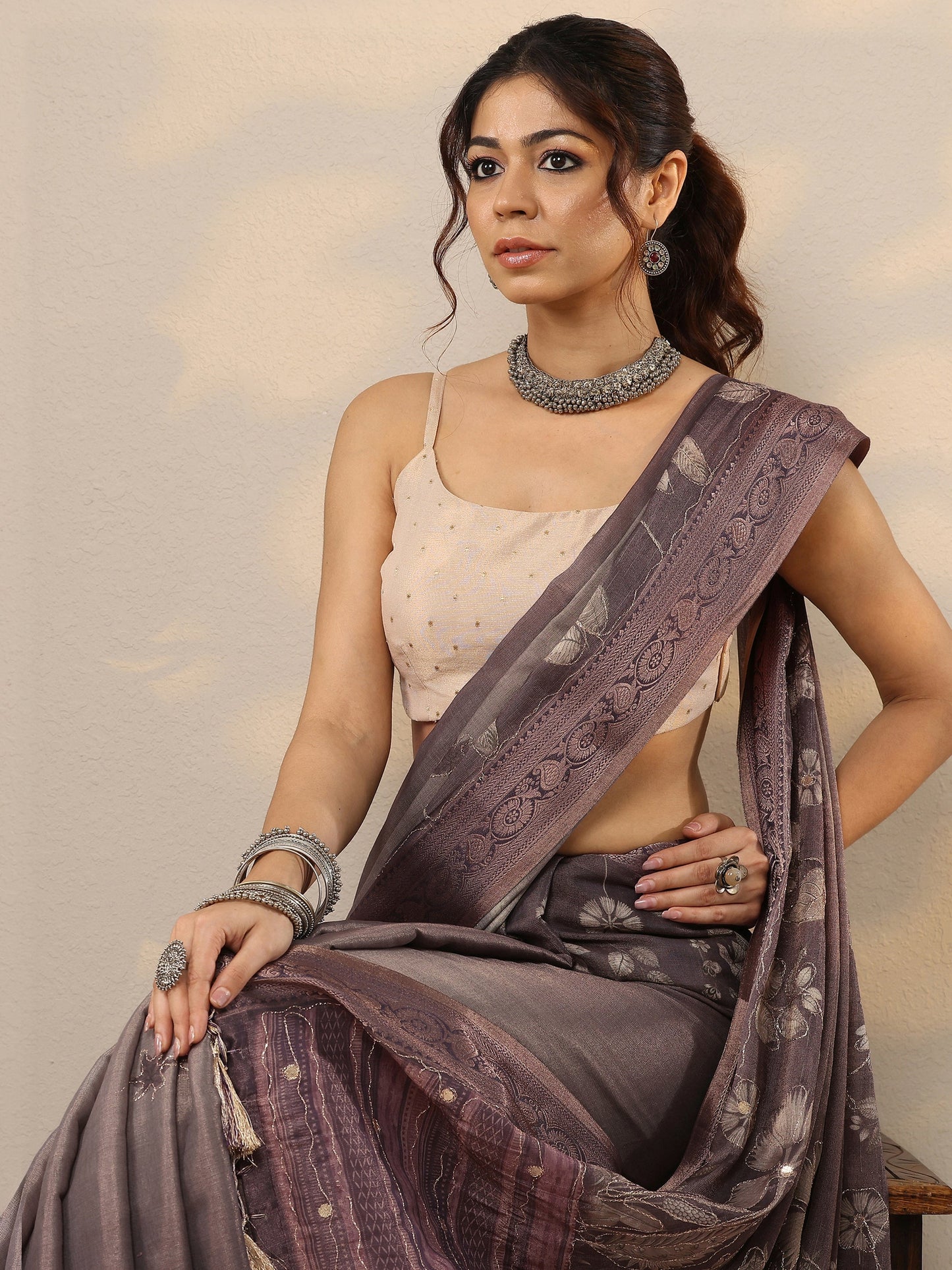 Mauve Printed Silk Blend Sarees With Unstitched Blouse Piece