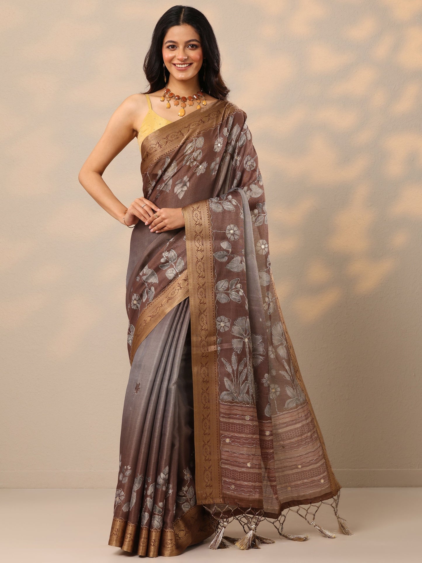 Brown Printed Silk Blend Sarees With Unstitched Blouse Piece