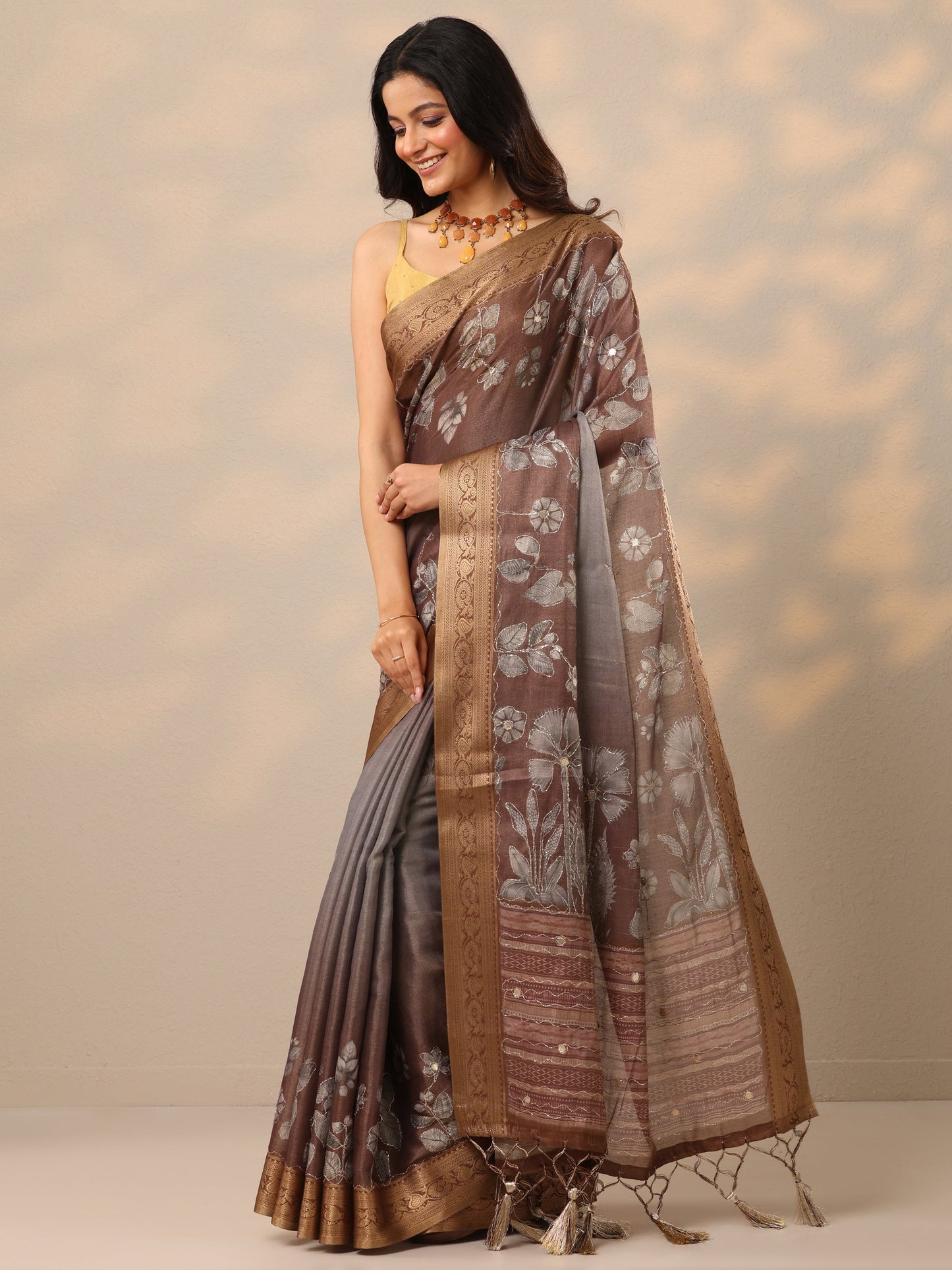 Brown Printed Silk Blend Sarees With Unstitched Blouse Piece