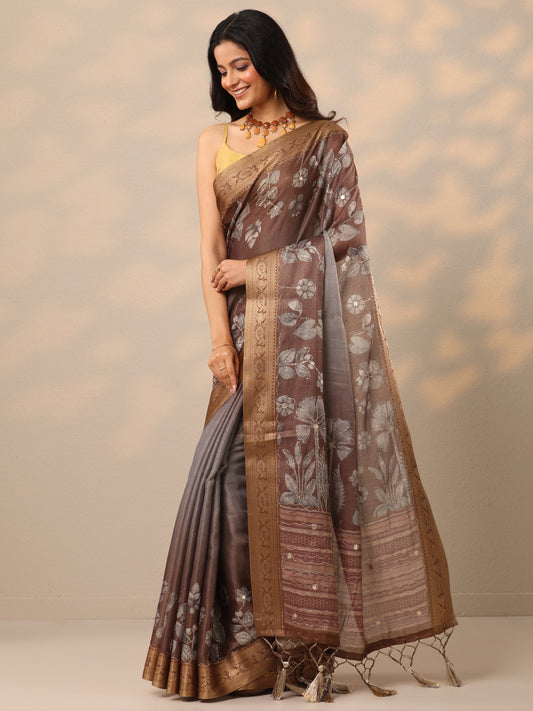 Brown Printed Silk Blend Sarees With Unstitched Blouse Piece