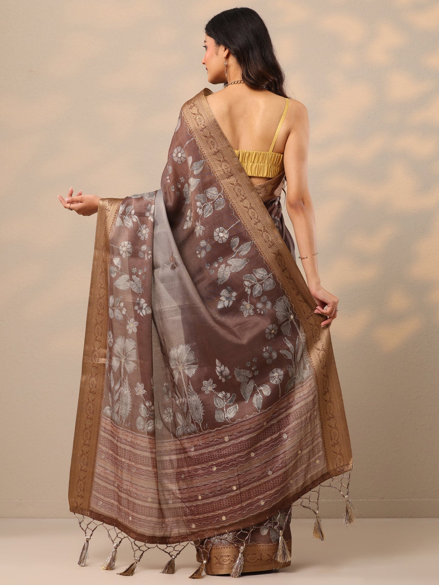 Brown Printed Silk Blend Sarees With Unstitched Blouse Piece