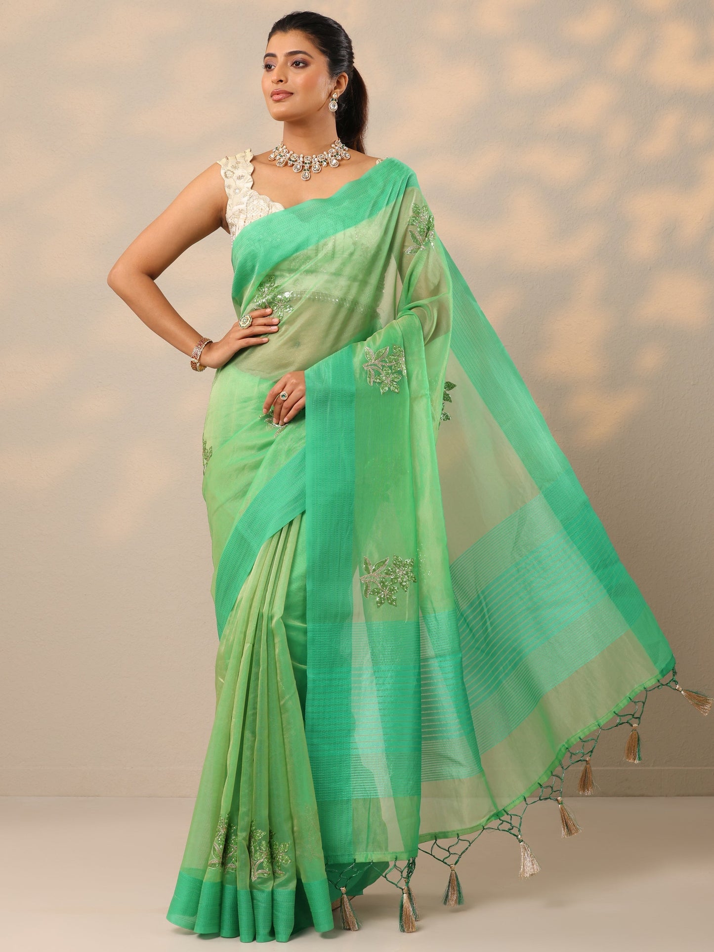 Green Embellished Organza Sarees With Unstitched Blouse Piece