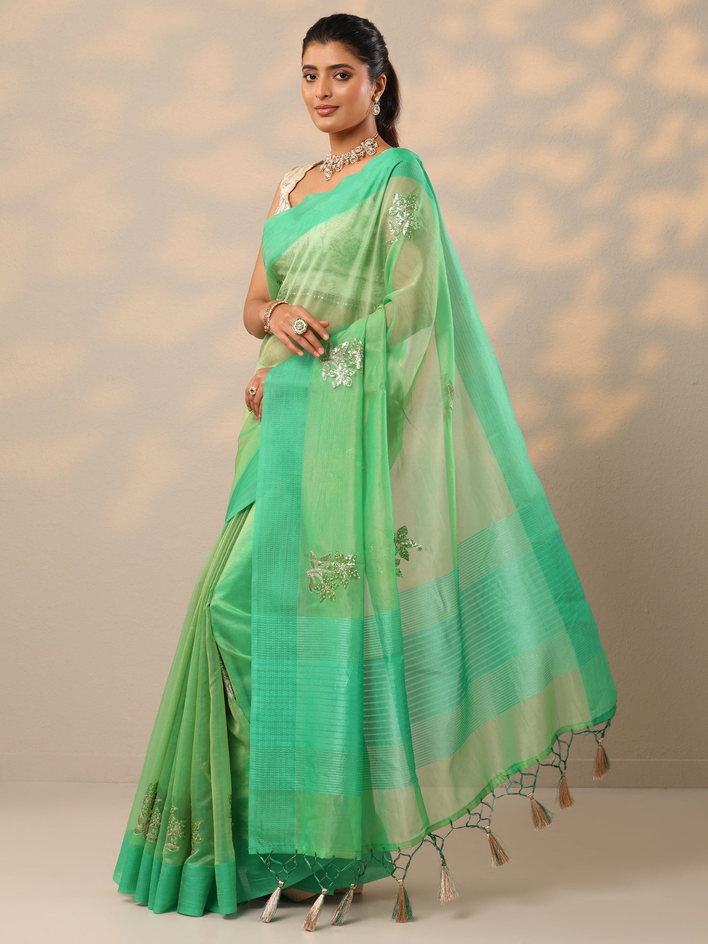Green Embellished Organza Sarees With Unstitched Blouse Piece